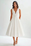 Satin A Line V Neck Midi Graduation Dress