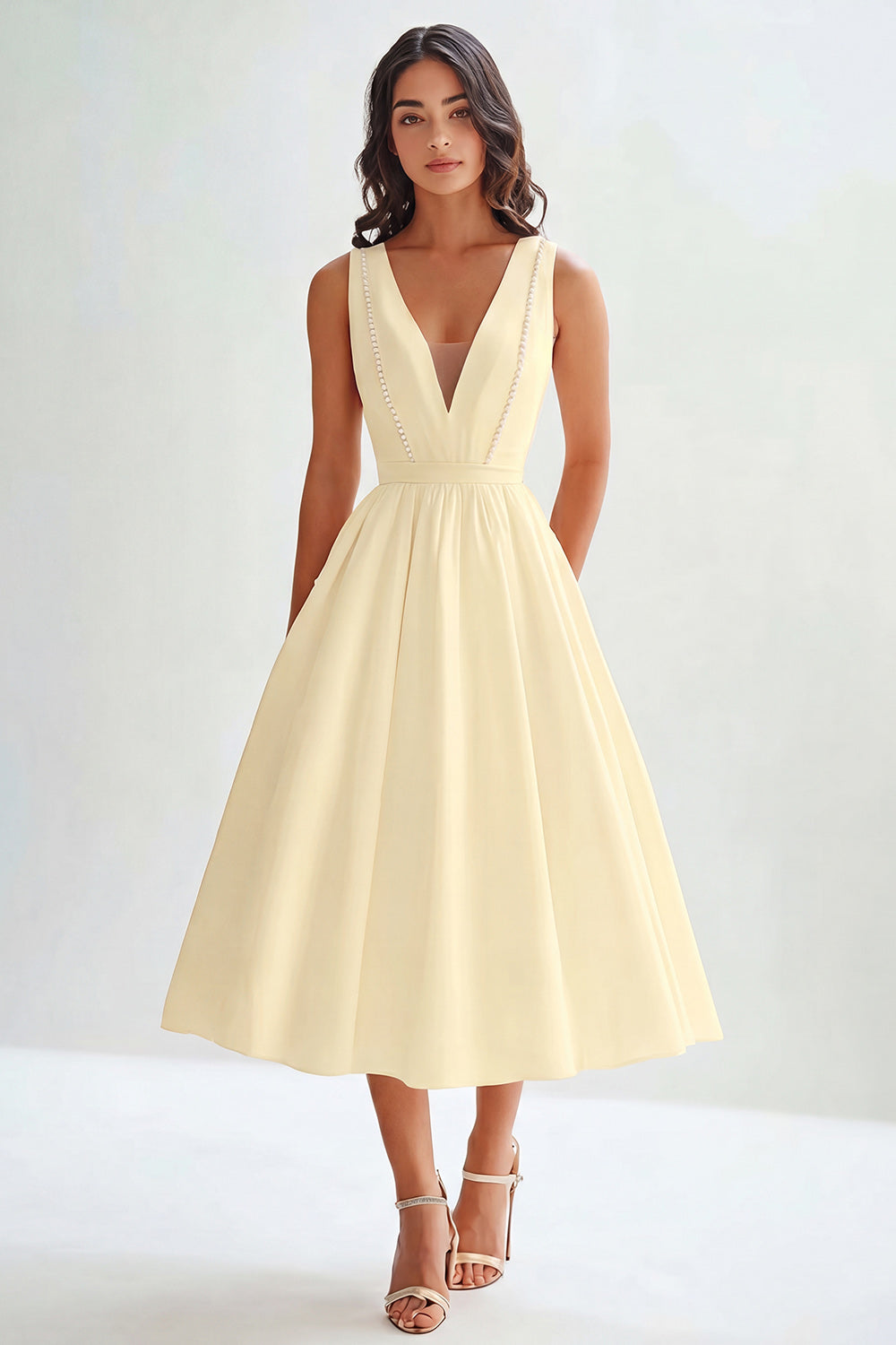 Berylove Women White Graduation Dress Satin A Line V Neck Midi Party Dress