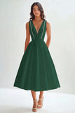 Satin A Line V Neck Midi Graduation Dress