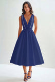 Satin A Line V Neck Midi Graduation Dress