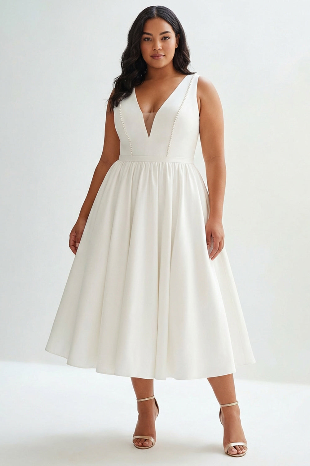 Berylove Women Elegant A Line Graduation Dress Satin White V Neck Plus Size Midi Party Dress, White / custom Berylove Women Elegant A Line Graduation Dress Satin White V Neck Plus Size Midi Party Dress, White / custom