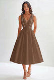 Satin A Line V Neck Midi Graduation Dress