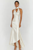 Satin Halter White Tea Length Graduation Dress