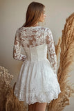Lace A Line White Mini Dress with Long Sleeves