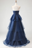 Navy Strapless Ruffled A Line Prom Dress