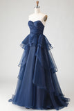 Navy Strapless Ruffled A Line Prom Dress