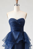 Navy Strapless Ruffled A Line Prom Dress