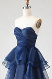 Navy Strapless Ruffled A Line Prom Dress