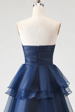 Navy Strapless Ruffled A Line Prom Dress