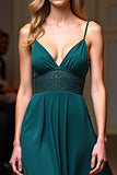 Peacock Chiffon A Line Beaded V Neck Backless Gala Dress