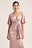 Dusty Rose V-Neck Satin Half Sleeve Long Bridesmaid Dress with Slit