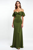 Olive Ruffled Off the Shoulder Ruched Long Wedding Guest Dress