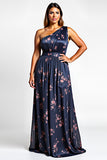 Navy Flower A-Line One Shoulder Plus Size Wedding Guest Dress
