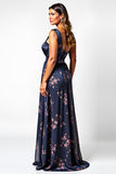 Navy Flower A-Line One Shoulder Plus Size Wedding Guest Dress