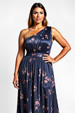 Navy Flower A-Line One Shoulder Plus Size Wedding Guest Dress