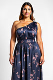 Navy Flower A-Line One Shoulder Plus Size Wedding Guest Dress