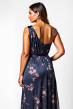 Navy Flower A-Line One Shoulder Plus Size Wedding Guest Dress