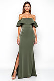 Olive Ruffled Off the Shoulder Long Wedding Guest Dress with Slit