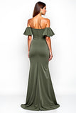 Olive Ruffled Off the Shoulder Long Wedding Guest Dress with Slit