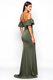 Olive Ruffled Off the Shoulder Long Wedding Guest Dress with Slit