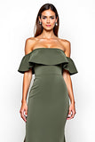 Olive Ruffled Off the Shoulder Long Wedding Guest Dress with Slit