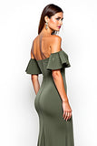 Olive Ruffled Off the Shoulder Long Wedding Guest Dress with Slit