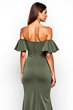 Olive Ruffled Off the Shoulder Long Wedding Guest Dress with Slit