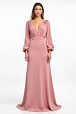 Dusty Rose V-Neck Chiffon Long Sleeve Wedding Guest Dress