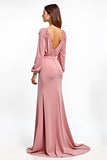 Dusty Rose V-Neck Chiffon Long Sleeve Wedding Guest Dress