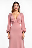 Dusty Rose V-Neck Chiffon Long Sleeve Wedding Guest Dress