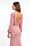 Dusty Rose V-Neck Chiffon Long Sleeve Wedding Guest Dress