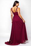 Burgundy A Line Ruched Chiffon Long Wedding Guest Dress