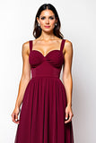 Burgundy A Line Ruched Chiffon Long Wedding Guest Dress