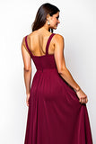 Burgundy A Line Ruched Chiffon Long Wedding Guest Dress