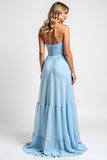 Strapless Ruched A Line Sky Blue Bridesmaid Dress