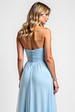 Strapless Ruched A Line Sky Blue Bridesmaid Dress