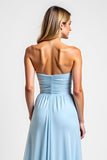 Strapless Ruched A Line Sky Blue Bridesmaid Dress