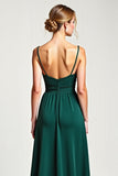 Chiffon Spaghetti Straps Pine Bridesmaid Dress with Slit