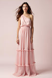 Pink One Shoulder Pleated Long Wedding Guest  Dress