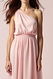 Pink One Shoulder Pleated Long Wedding Guest  Dress