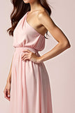 Pink One Shoulder Pleated Long Wedding Guest  Dress