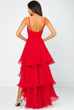 Ruffled Tiered Chiffon Red Prom Dress