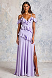 Lilac Cold Shoulder Ruffled Chiffon A-Line Wedding Guest Dress with Slit