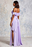 Lilac Cold Shoulder Ruffled Chiffon A-Line Wedding Guest Dress with Slit