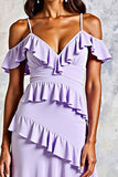Lilac Cold Shoulder Ruffled Chiffon A-Line Wedding Guest Dress with Slit