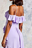 Lilac Cold Shoulder Ruffled Chiffon A-Line Wedding Guest Dress with Slit