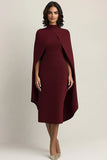 Burgundy Sheath High Neck Midi Formal Dress With Shawl