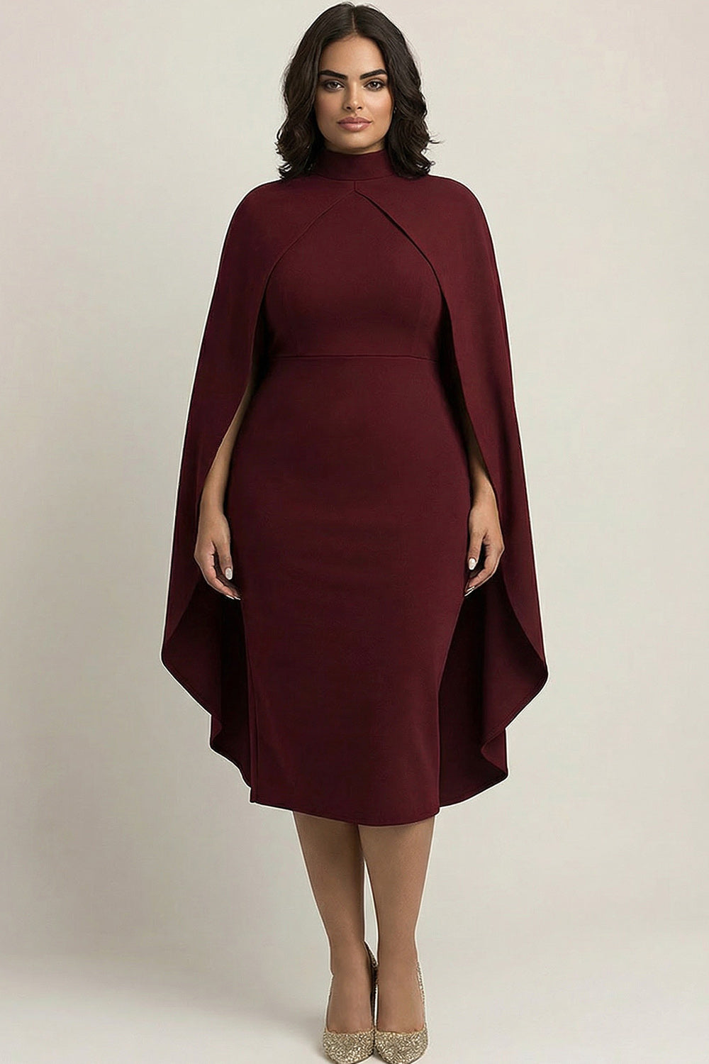 Berylove Women Burgundy High Neck Formal Dress Plus Size Bodycon Midi Wedding Guest Dress With Shawl, Burgundy / US10 Berylove Women Burgundy High Neck Formal Dress Plus Size Bodycon Midi Wedding Guest Dress With Shawl, Burgundy / US10