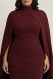 Burgundy High Neck Plus Size Midi Formal Dress With Shawl