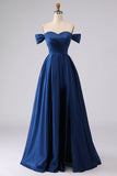 Off the Shoulder Navy Satin A Line Evening Dress